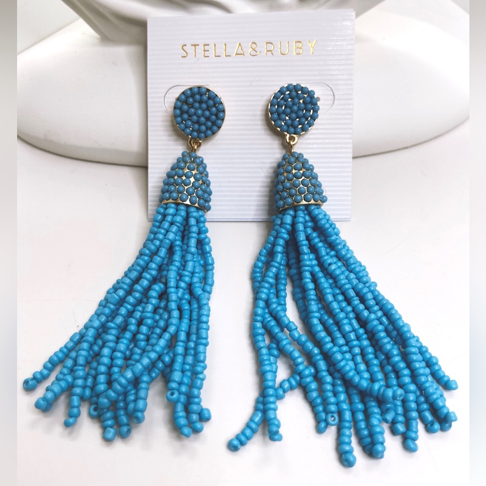 14kt Gold plated Stella And Ruby turquoise Tassel Earrings With Ribbon Tied Box